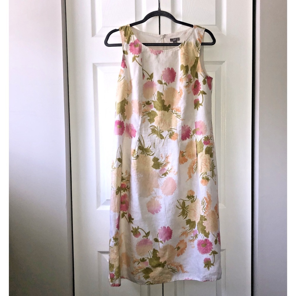 J Jill 100% Linen Floral Shift Dress Womens 8 Sleeveless Midi White Pink Cottage